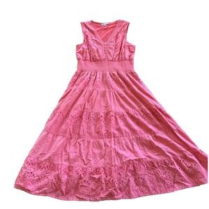 Women's Dress XL Pink Dress Barbie-core Cottage-core Boho Eyelet Tiered Midi